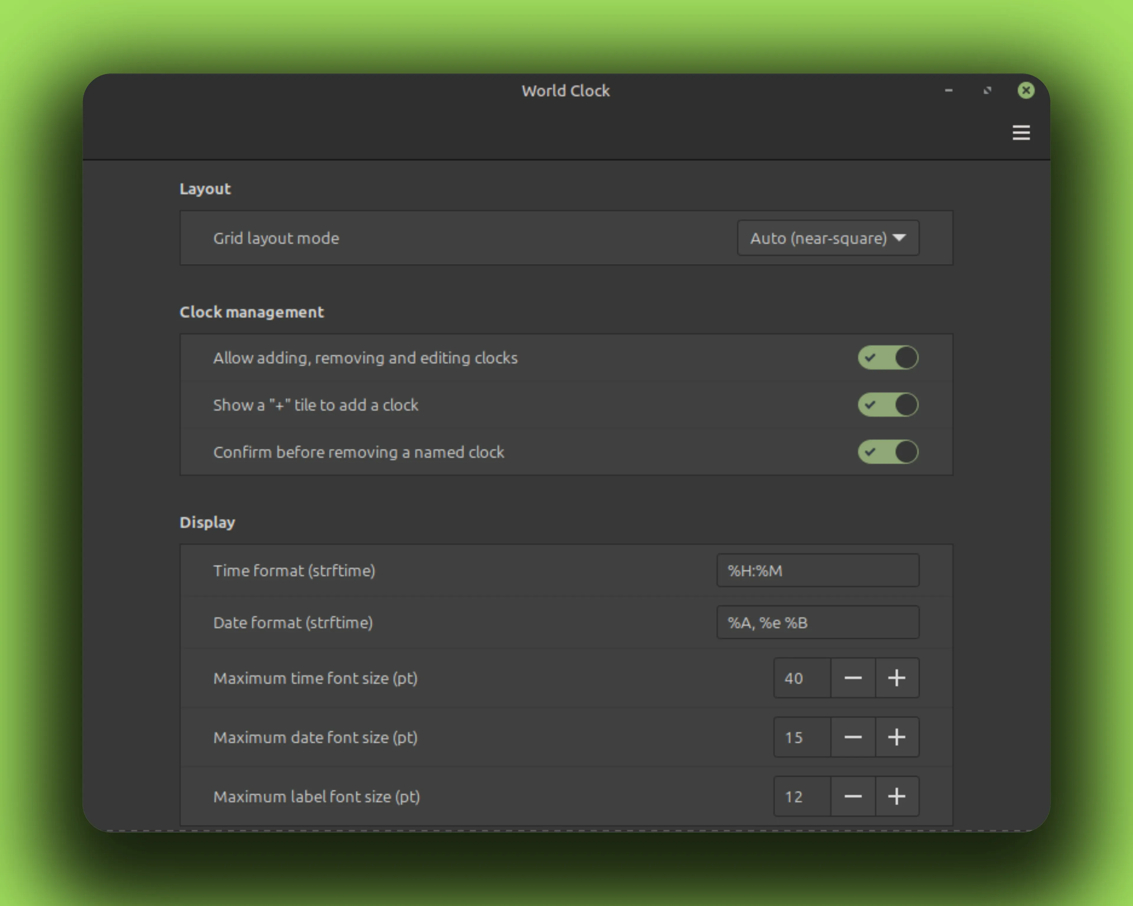 World Clock settings window