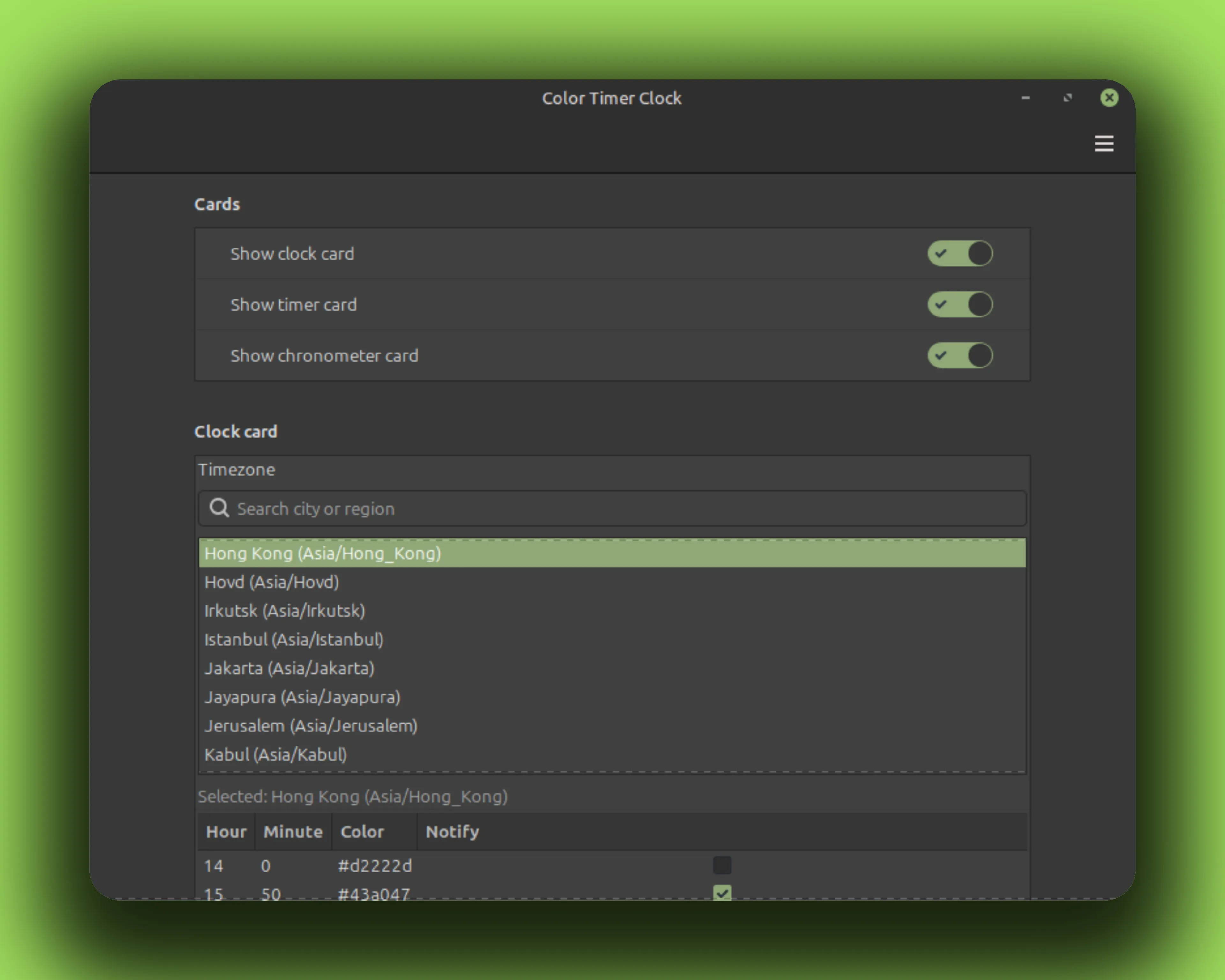 Color Timer Clock settings window