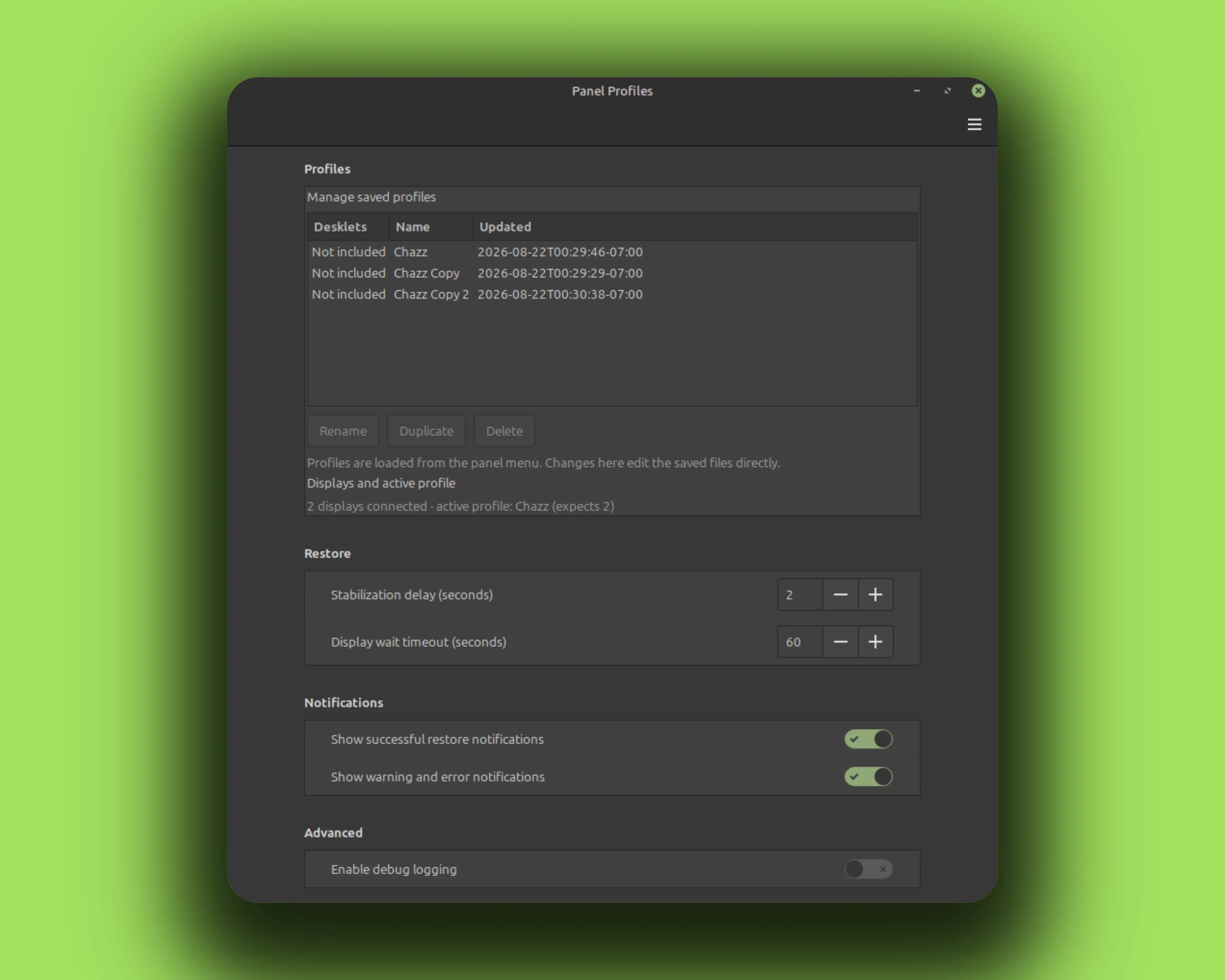 Panel Profiles settings window