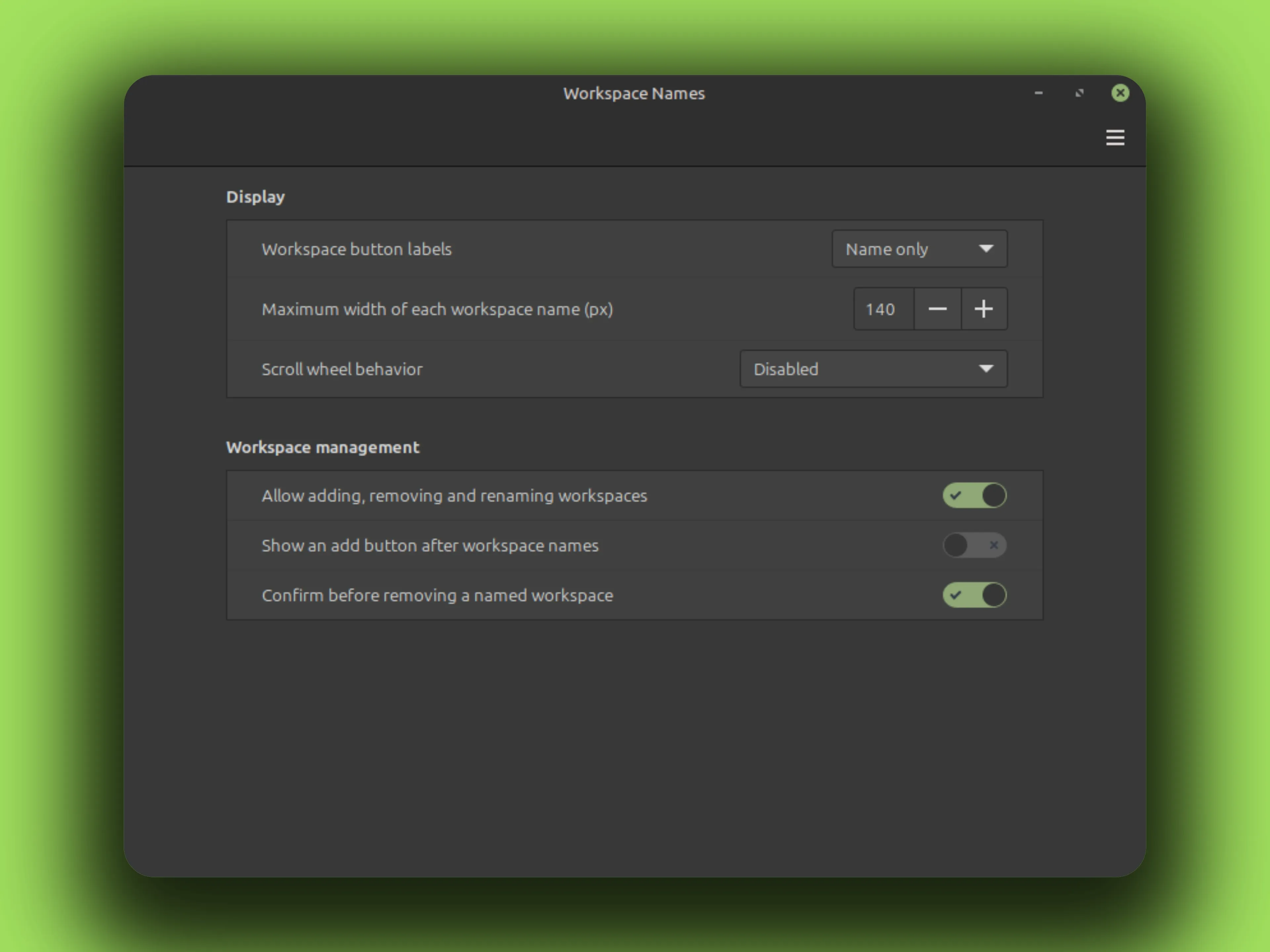 In Panel Workspace Name settings window