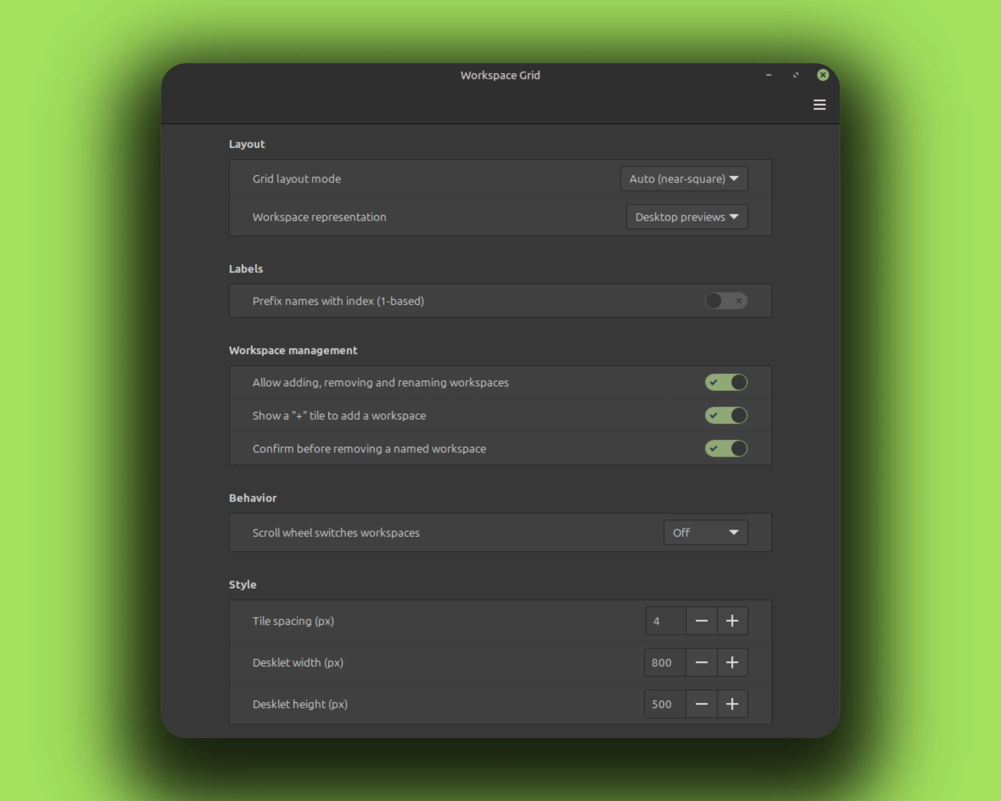 Workspace Grid settings window